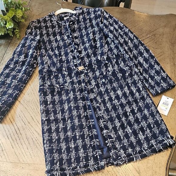 Navy and White Tweed Coat Size S DKNY NWT - Picture 1 of 11